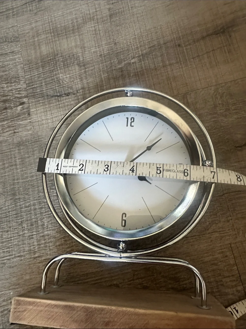 Silver and White Tabletop Clock with Wood Base - Minimal Decorative Clock